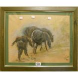 Joyce Barr: a framed charcoal and pastel drawing, entitled "Mares and foales"