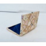 A Victorian mother-of-pearl clad card case with diagonal checkerboard panels and blue bellows-type