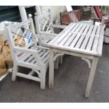 A pair of Versailles style teak garden armchairs - sold with complementary 4' 6" garden table with