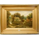 Edward Priestley: a gilt gesso framed oil on canvas, depicting mother and child fording a river,