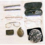 A quantity of collectable items, including silver matchbox holder, vintage spectacles, Gucci handbag