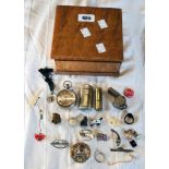 A bird's-eye maple trinket box containing crocodile brooch, white metal pocketwatch, Victory