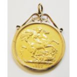 An 1887 gold Victorian two pound coin, loose mounted in a 9ct. pendant frame