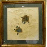 Two framed antique Oriental embroidered silk panels, one depicting a pair of polychrome snapping