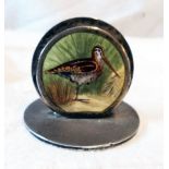 A silver menu holder by Samuel Mordan & Co. with polychrome enamelled snipe decoration - Chester