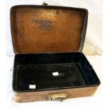 An antique steel lined leather case with maker's name to inside of lid - Perrins & Son, Gun Maker,