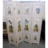 A 5' 11" high painted four fold dressing screen with floral decorated panels and crackle finish - 5'