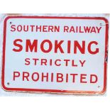 A Southern Railway enamel sign "Smoking Strictly Prohibited" - approximately 16 1/2" x 12"