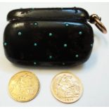 An antique steel sovereign and half sovereign fob case, with turquoise beaded decoration, containing