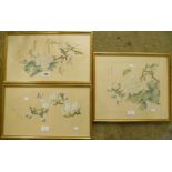 Three 20th Century framed Oriental coloured prints, depicting studies of flowering branches - text