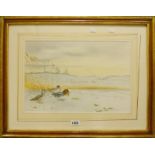 Ronald David Digby: a framed watercolour of Teal on a frozen pond in a winter landscape - 11 3/4"