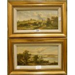 A pair of gilt and hessian framed oils on board, depicting continental landscapes with water and