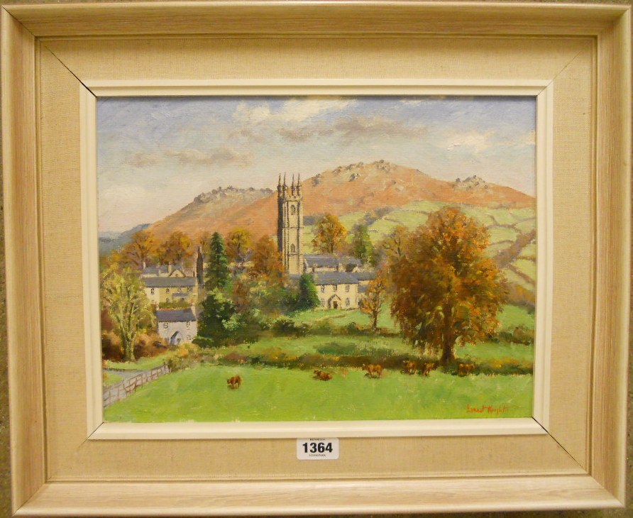 Earnest Knight: a framed oil on canvas "Widecombe in the Moor", signed, inscribed and dated 1981