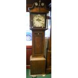 An antique oak longcase clock with brass decorated swan neck pediment, 12" square painted dial,