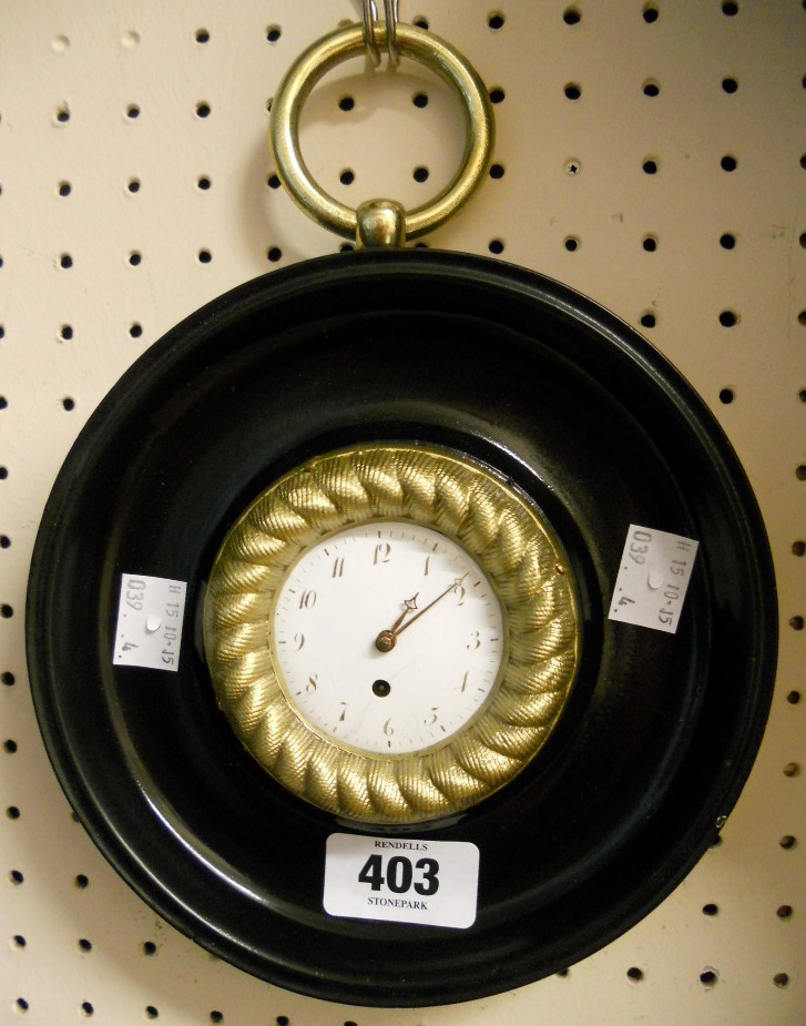 A gilt and ebonised cased Sedan timepiece with antique verge pocket watch movement