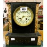 A late Victorian black slate and marble cased mantel clock, with decorative dial and French eight