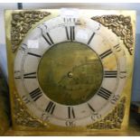 An antique brass birdcage frame longcase clock movement with 11" engraved dial featuring a sailing
