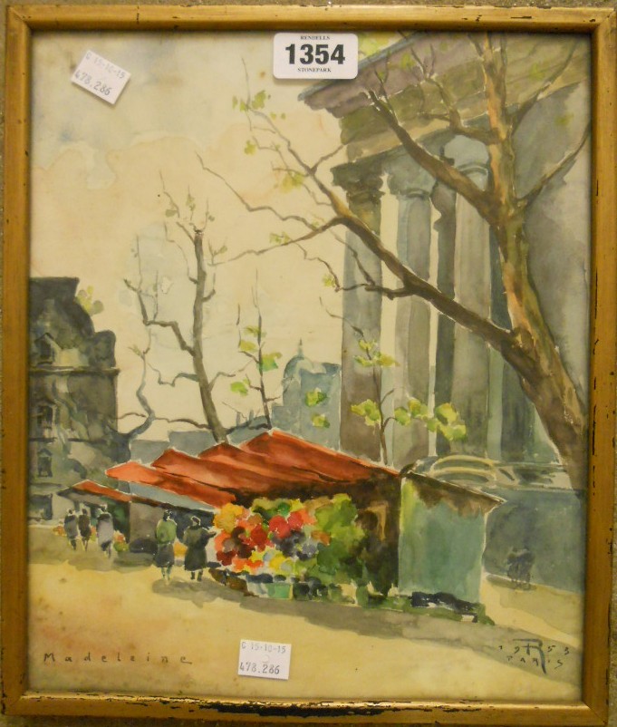 Madeleine: a framed watercolour depicting Parisian flower vendors - signed and dated 1953 - 12" x