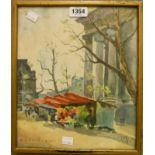 Madeleine: a framed watercolour depicting Parisian flower vendors - signed and dated 1953 - 12" x