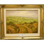 Donald Ayres: an oil on wooden panel depicting a view in September of Landacre bridge over the River