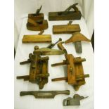 A box containing a quantity of vintage wooden moulding planes, a CTL brass plane, shave, etc.