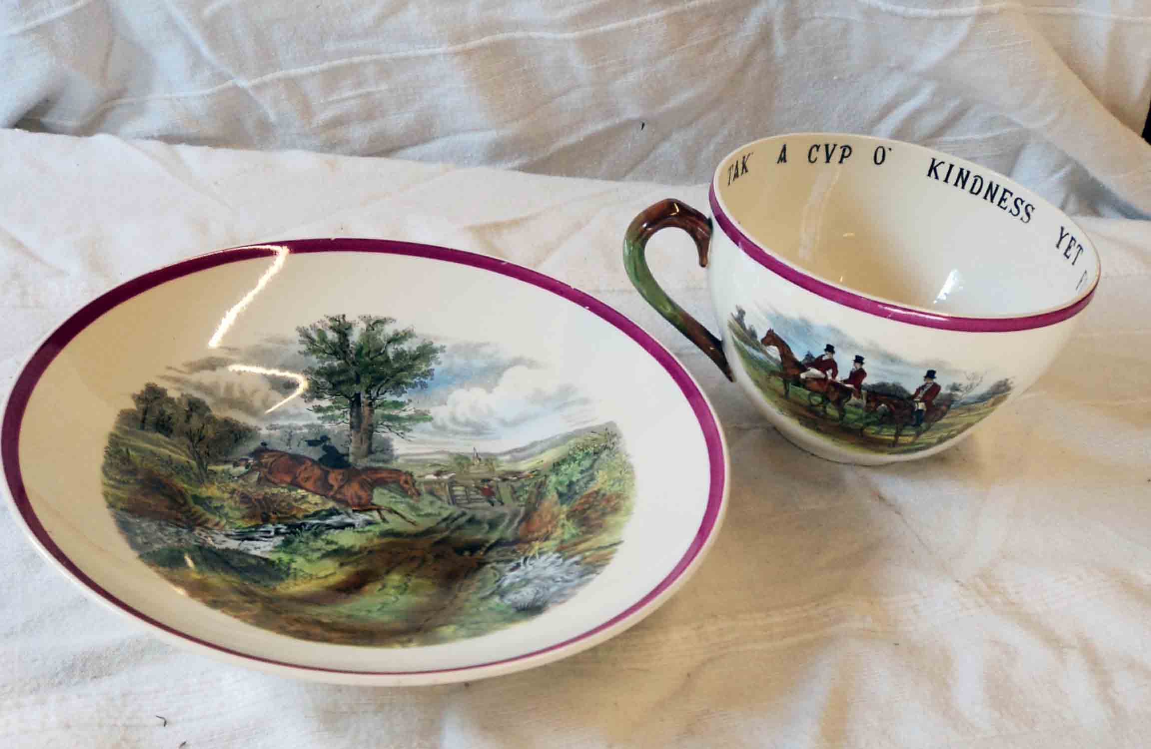 A Copeland Spode outsized cup and saucer with hunting scenes after J. F. Herring