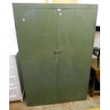 A 3' 11" green painted wooden cupboard with five shelves enclosed by a pair of latch locking doors -