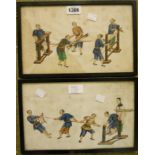 A pair of 19th Century Chinese watercolours on rice paper of figures working looms - 7" x 11 1/2"