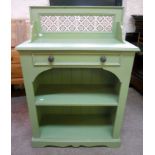 A 30" green painted wood washstand with tile set splash-back and dummy frieze drawer over open