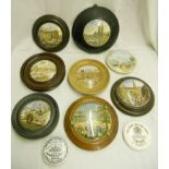 A collection of mostly framed pot lids with architectural decoration, including Crystal Palace,