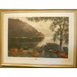 John Baragwanath King: a gilt and hessian framed gouache depicting an extensive lakeland