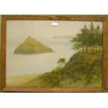 Reginald Daniel Sherrin: a gouache depicting a view of Thatcher Rock, Torbay - signed - 14 3/4" X 21