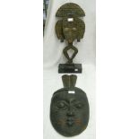 A copper clad African Bakota guardian on stand - sold with a tribal mask shaped like an arrow head