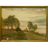 E.C. Pascoe Holman: a gilt framed watercolour "Tor O'the Hill Devon", depicting sheep and a stand of