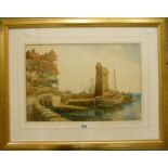 F. Beni: a gilt framed watercolour, depicting the quay at Lynmouth with the Rhenish tower and moored