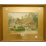 W.H. Sweet: a gilt framed and sipped watercolour, depicting a thatched cottage and garden - 9 3/4" x