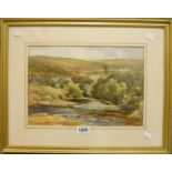 H.E. Crute: a gilt framed watercolour of the East Dart, Dartmoor, inscribed and with text verso -