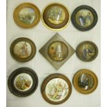 A collection of framed antique pot lids of famous people, including Dr Johnson, Queen Victoria,