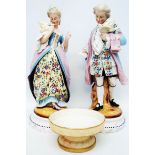 A pair of 14" Sitzendorf ornately hand painted porcelain figures with gilt detailing, one male and