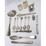 A bag of silver and white metal items, including mustard pot, Oriental paper knife, bon-bon dish and