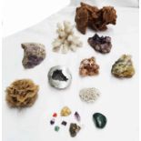 A box containing a quantity of coral and rock crystal samples including iron pyrite, malachite,