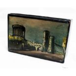 A papier-mâché snuff box with stylised painting of Windsor castle to top