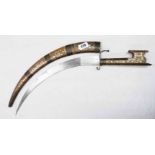 An antique Indo-Persian sword with curved and etched blade, metal inlaid and bound wooden scabbard