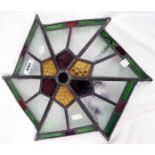 An Art Deco style leaded stained and obscure glass pendant ceiling shade of pinwheel design