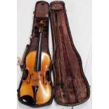 An old ¾ violin with Aubert bridge, bow and leather clad case