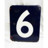 A vintage enamel platform sign on wooden mount, "6"