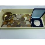 A BOX AND ALBUM OF BRITISH AND WORLD COINS, to include a British Midland Airways 40th anniversary .