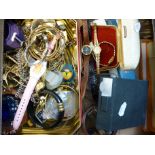 A MIXED BOX OF WATCHES AND JEWELLERY