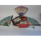 A VINTAGE THEATRICAL COSTUME, kimono, jacket, hat and fans with photographs