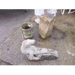 A COMPOSITE GARDEN FIGURE, a small planter and a composite stone (3)
